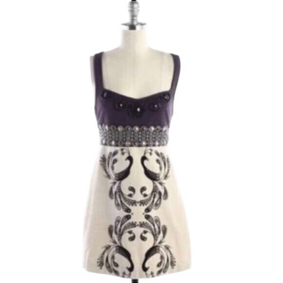 Vintage Y2K Free People Empire Waist Beaded Velvet Peacock A-Line Mini Dress - Picture 3 of 14